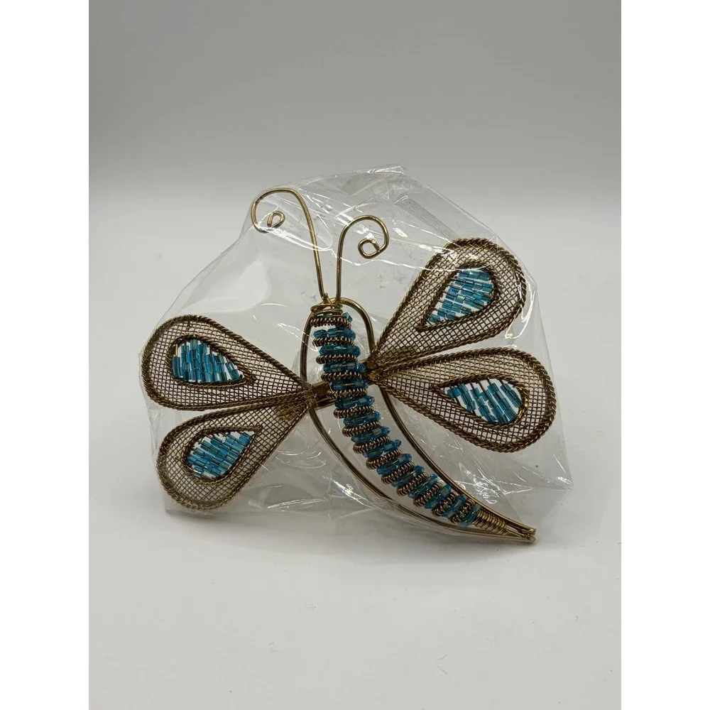 Set of 8 Gold Wire Dragonfly Napkin Rings Blue Beaded Mesh Wings Table Decor
